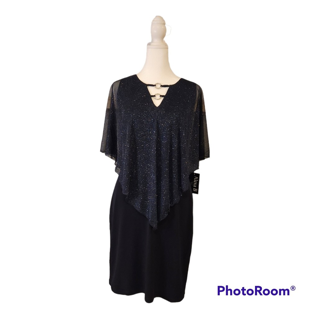 NEW Chiffon Popover Black/Blue Sparkle V-Neck Capelet 3/4 Sleeve Dress Size 4
